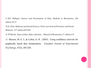 9 B.K. Mahajan ,Sources and Presentation of Data, Methods in Biostatistics, 6th
edition,10-13
10 K. Park, Medicine and Social Sciences, Park’s text book of Preventive and Social
Medicine. 21th edition,643-644
11 JP Baride, Types of data ,Data collection , Manual of Biostatistics,1st edition,4-9
12. Masson, M. E. J., & Loftus, G. R. (2003). Using confidence intervals for
graphically based data interpretation. Canadian Journal of Experimental
Psychology, 57(3), 203-220.
 