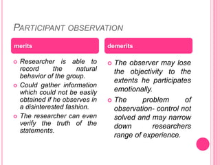 PARTICIPANT OBSERVATION
 Researcher is able to
record the natural
behavior of the group.
 Could gather information
which could not be easily
obtained if he observes in
a disinterested fashion.
 The researcher can even
verify the truth of the
statements.
 The observer may lose
the objectivity to the
extents he participates
emotionally.
 The problem of
observation- control not
solved and may narrow
down researchers
range of experience.
merits demerits
 