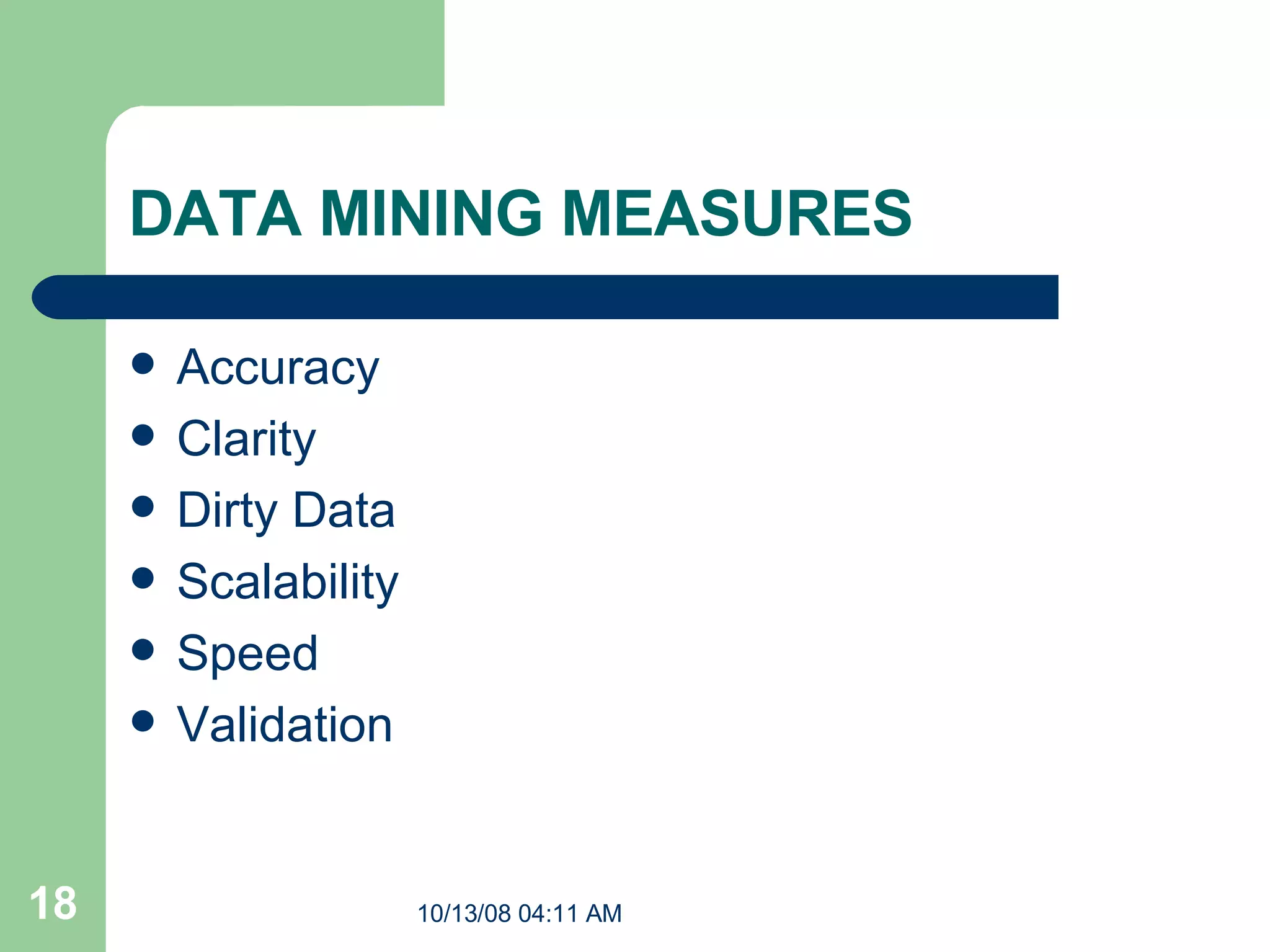 DATA MINING MEASURES Accuracy  Clarity Dirty Data Scalability Speed Validation 