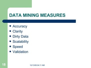 DATA MINING MEASURES Accuracy  Clarity Dirty Data Scalability Speed Validation 