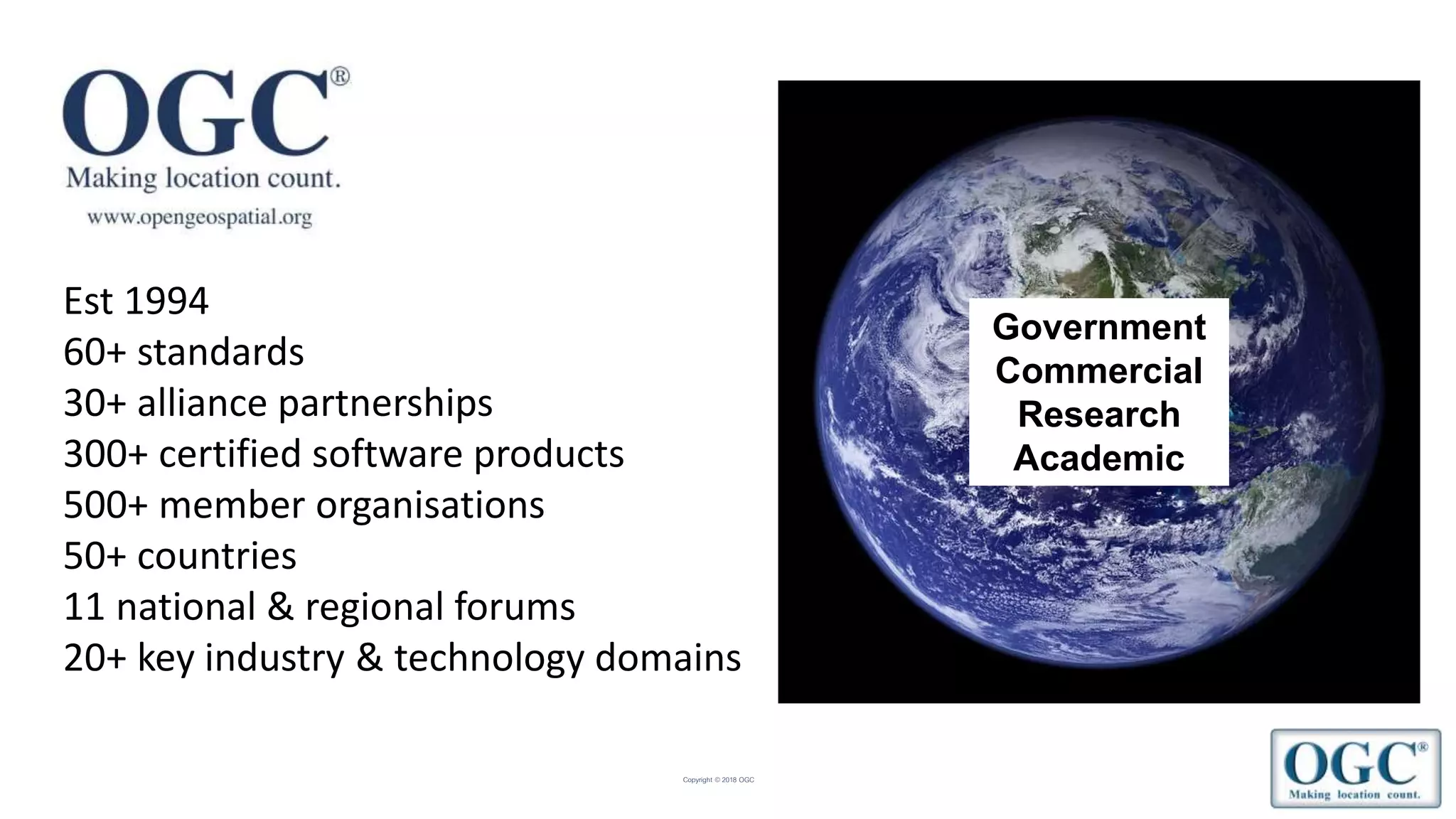 Copyright © 2018 OGC
Est 1994
60+ standards
30+ alliance partnerships
300+ certified software products
500+ member organisations
50+ countries
11 national & regional forums
20+ key industry & technology domains
Government
Commercial
Research
Academic
 