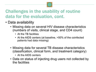 • Data availability
• Missing data on several HIV disease characteristics
(numbers of visits, clinical stage, and CD4 coun...