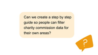 Can we create a step by step
guide so people can filter
charity commission data for
their own areas?
 