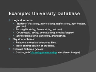 Example: University Database Logical schema:  Students(sid: string, name: string, login: string, age: integer, gpa:real) Faculty(fid:string, fname:string, sal:real) Courses(cid: string, cname:string, credits:integer)  Enrolled(sid:string, cid:string, grade:string) Physical schema: Relations stored as unordered files.  Index on first column of Students. External Schema (View):  Course_info( cid:string,fname:string , enrollment:integer) 