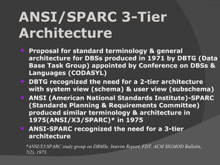 ANSI/SPARC 3-Tier Architecture Proposal for standard terminology & general architecture for DBSs produced in 1971 by DBTG (Data Base Task Group) appointed by Conference on DBSs & Languages (CODASYL)  DBTG recognized the need for a 2-tier architecture with system view (schema) & user view (subschema) ANSI (American National Standards Institute)-SPARC (Standards Planning & Requirements Committee) produced similar terminology & architecture in 1975(ANSI/X3/SPARC)* in 1975 ANSI-SPARC recognized the need for a 3-tier architecture *ANSI/X3/SPARC study group on DBMSs. Interim Report, FDT. ACM SIGMOD Bulletin, 7(2), 1975. 