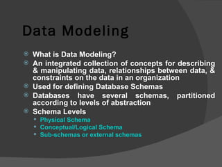 Data Modeling What is Data Modeling? An integrated collection of concepts for describing & manipulating data, relationships between data, & constraints on the data in an organization Used for defining Database Schemas Databases have several schemas, partitioned according to levels of abstraction Schema Levels Physical Schema Conceptual/Logical Schema Sub-schemas or external schemas 