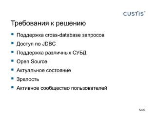 Требования к решению
 Поддержка cross-database запросов
 Доступ по JDBC
 Поддержка различных СУБД
 Open Source
 Актуальное состояние
 Зрелость
 Активное сообщество пользователей
12/20
 