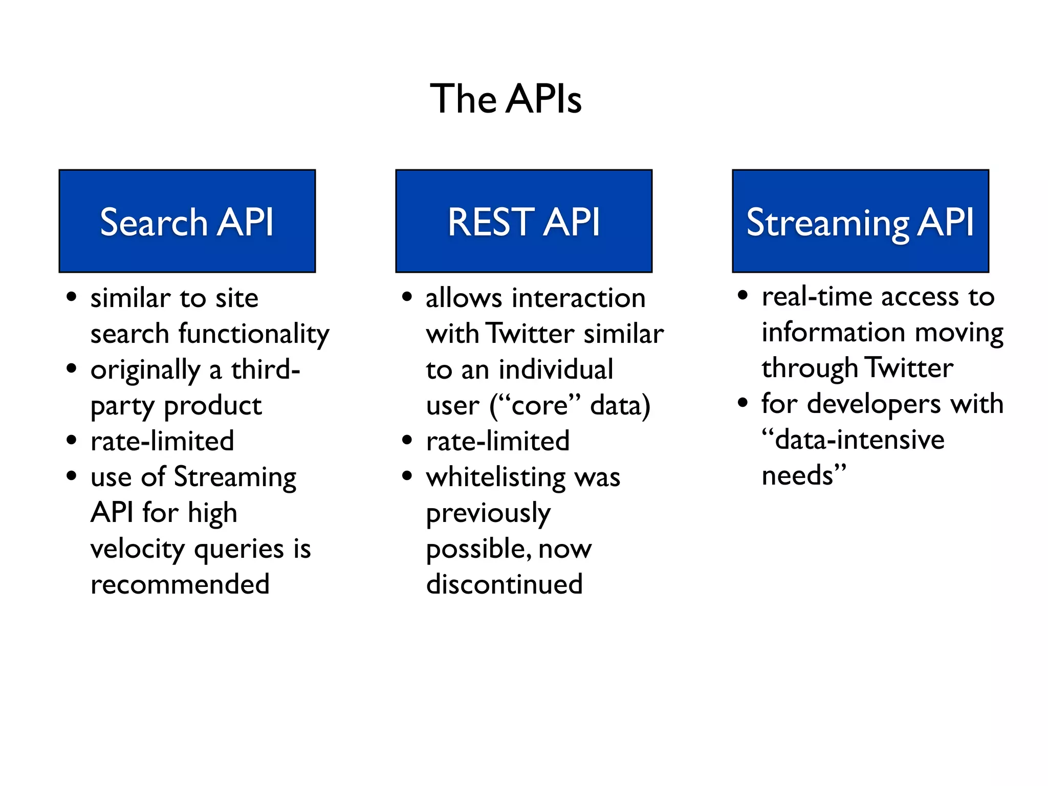 The APIs

    Search API                  REST API              Streaming API
• similar to site          • allows interaction       • real-time access to
    search functionality       with Twitter similar       information moving
•   originally a third-        to an individual           through Twitter
    party product              user (“core” data)     •   for developers with
•   rate-limited           •   rate-limited               “data-intensive
•   use of Streaming       •   whitelisting was           needs”
    API for high               previously
    velocity queries is        possible, now
    recommended                discontinued
 
