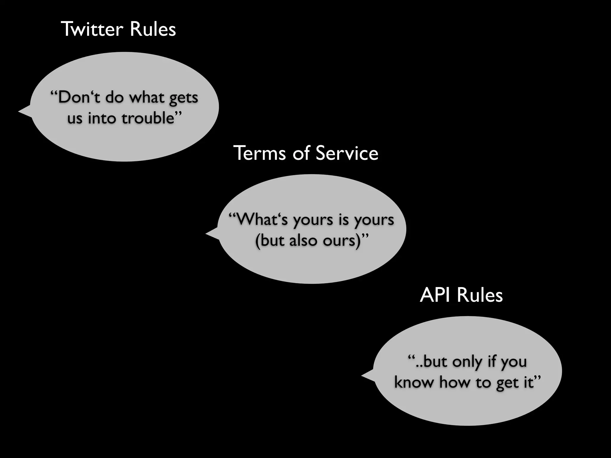 Twitter Rules


“Don‘t do what gets
  us into trouble”

                      Terms of Service


                      “What‘s yours is yours
                        (but also ours)”


                                               API Rules


                                             “..but only if you
                                           know how to get it”
 