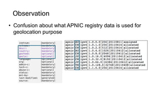 Observation
• Confusion about what APNIC registry data is used for
geolocation purpose
inetnum: [mandatory]
netname: [mandatory]
descr: [mandatory]
country: [mandatory]
geofeed: [optional]
geoloc: [optional]
language: [optional]
org: [optional]
admin-c: [mandatory]
tech-c: [mandatory]
abuse-c: [optional]
status: [mandatory]
mnt-by: [mandatory]
last-modified: [generated]
source: [mandatory]
 