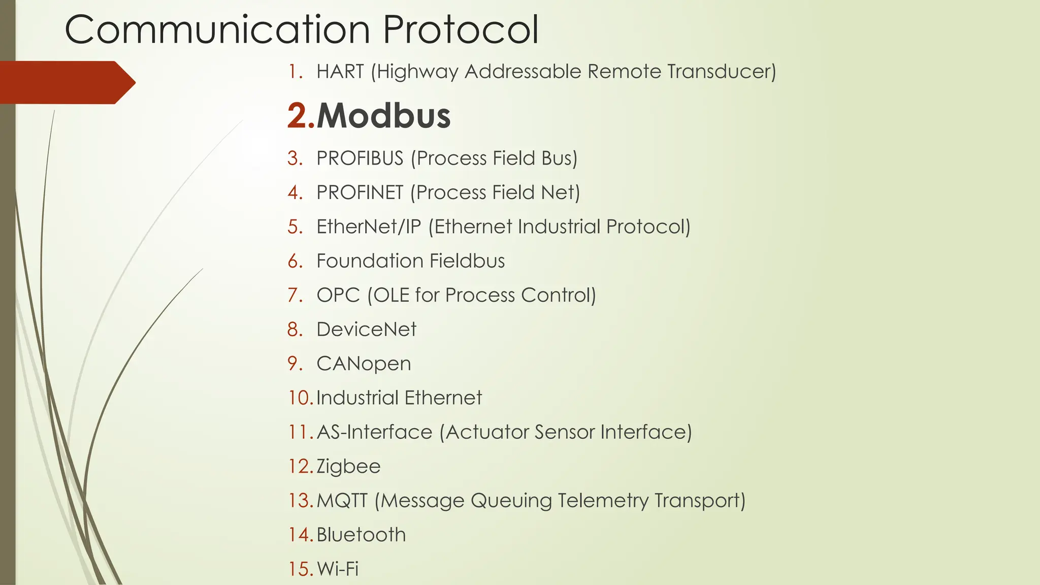 Communication Protocol
1. HART (Highway Addressable Remote Transducer)
2.Modbus
3. PROFIBUS (Process Field Bus)
4. PROFINET (Process Field Net)
5. EtherNet/IP (Ethernet Industrial Protocol)
6. Foundation Fieldbus
7. OPC (OLE for Process Control)
8. DeviceNet
9. CANopen
10.Industrial Ethernet
11.AS-Interface (Actuator Sensor Interface)
12.Zigbee
13.MQTT (Message Queuing Telemetry Transport)
14.Bluetooth
15.Wi-Fi
 
