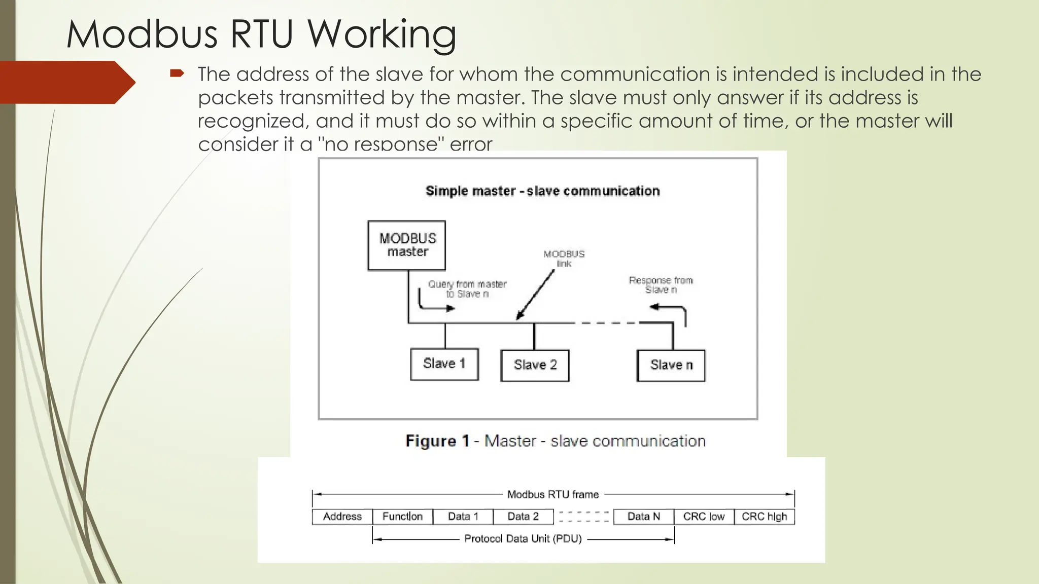 Modbus RTU Working
 The address of the slave for whom the communication is intended is included in the
packets transmitted by the master. The slave must only answer if its address is
recognized, and it must do so within a specific amount of time, or the master will
consider it a "no response" error
 