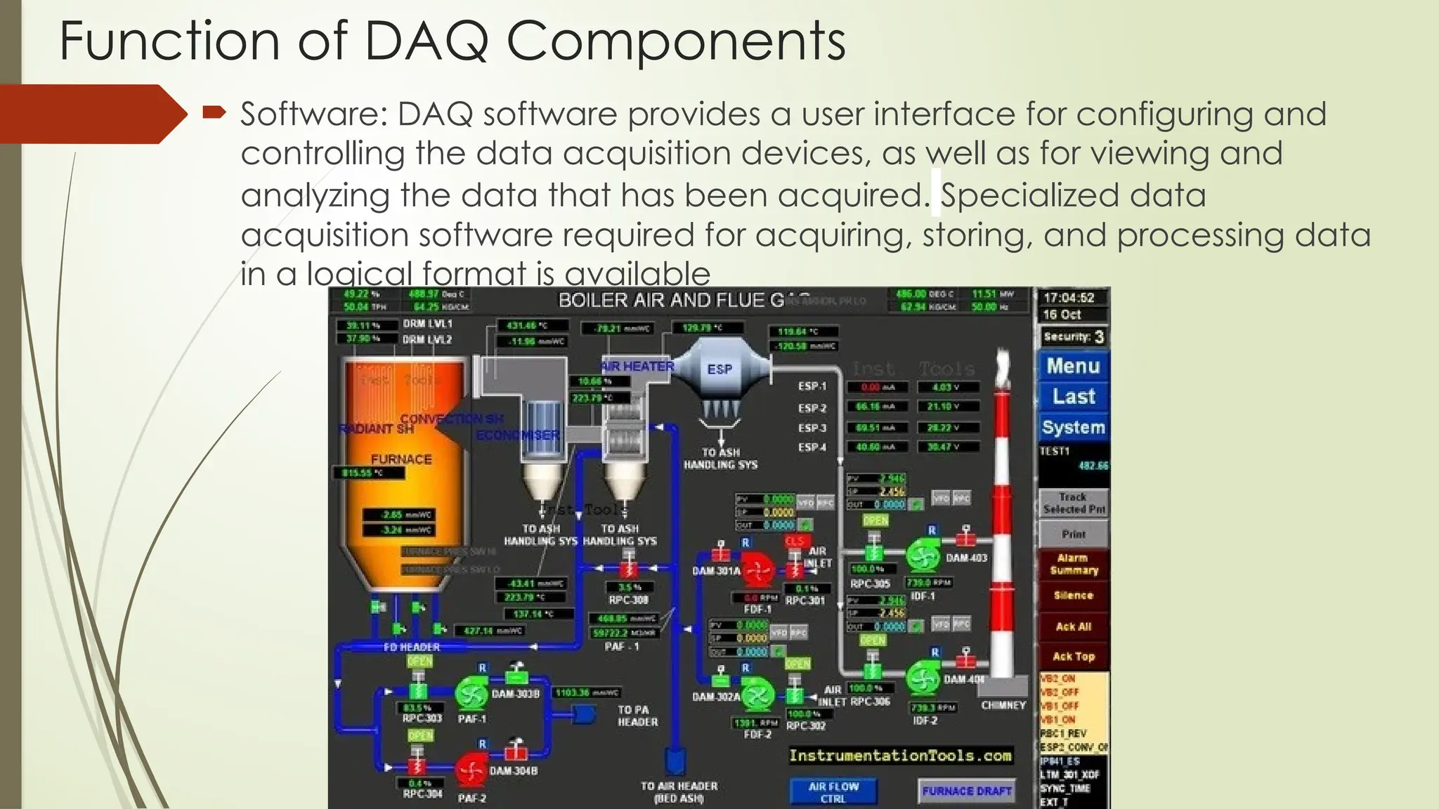 Function of DAQ Components
 Software: DAQ software provides a user interface for configuring and
controlling the data acquisition devices, as well as for viewing and
analyzing the data that has been acquired. Specialized data
acquisition software required for acquiring, storing, and processing data
in a logical format is available
 