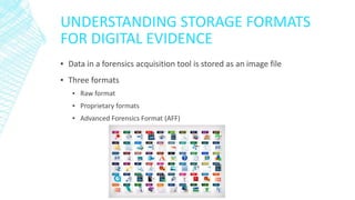 UNDERSTANDING STORAGE FORMATS
FOR DIGITAL EVIDENCE
▪ Data in a forensics acquisition tool is stored as an image file
▪ Three formats
▪ Raw format
▪ Proprietary formats
▪ Advanced Forensics Format (AFF)
 