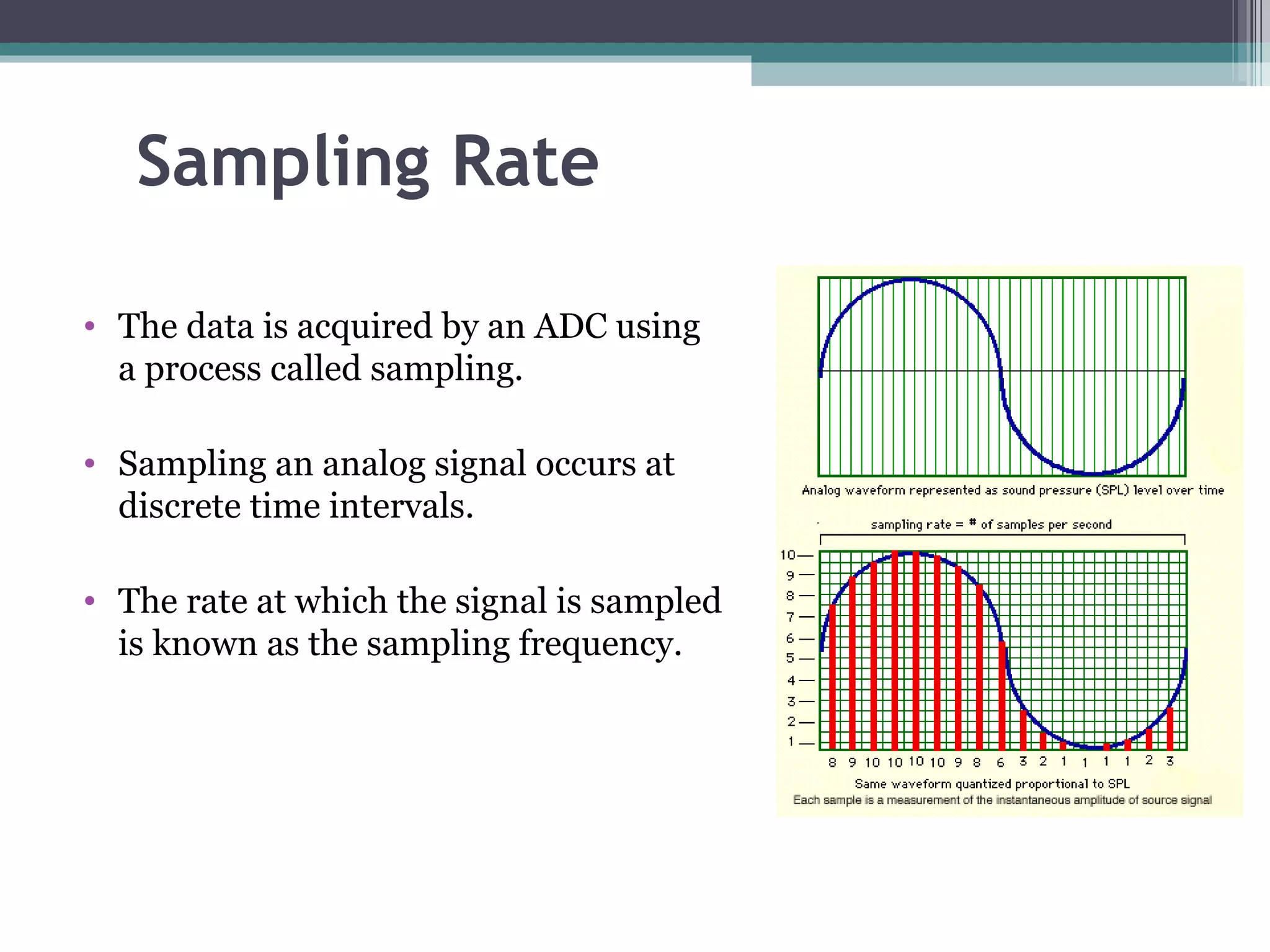 Sampling Rate The data is acquired by an ADC using a process called sampling. Sampling an analog signal occurs at discrete time intervals. The rate at which the signal is sampled is known as the sampling frequency. 