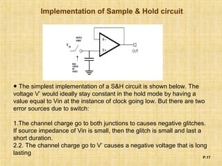 Implementation of Sample & Hold circuit
P.17
● The simplest implementation of a S&H circuit is shown below. The
voltage V’ would ideally stay constant in the hold mode by having a
value equal to Vin at the instance of clock going low. But there are two
error sources due to switch:
1.The channel charge go to both junctions to causes negative glitches.
If source impedance of Vin is small, then the glitch is small and last a
short duration.
2.2. The channel charge go to V’ causes a negative voltage that is long
lasting
 