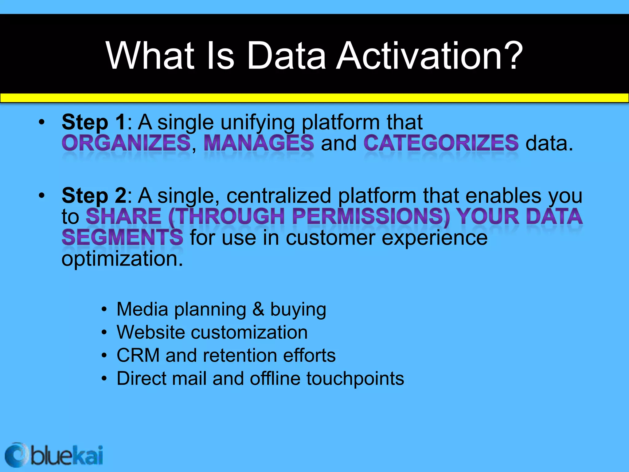 What Is Data Activation?
• Step 1: A single unifying platform that
               ,              and                 data.

• Step 2: A single, centralized platform that enables you
  to
                for use in customer experience
  optimization.

      •   Media planning & buying
      •   Website customization
      •   CRM and retention efforts
      •   Direct mail and offline touchpoints
 