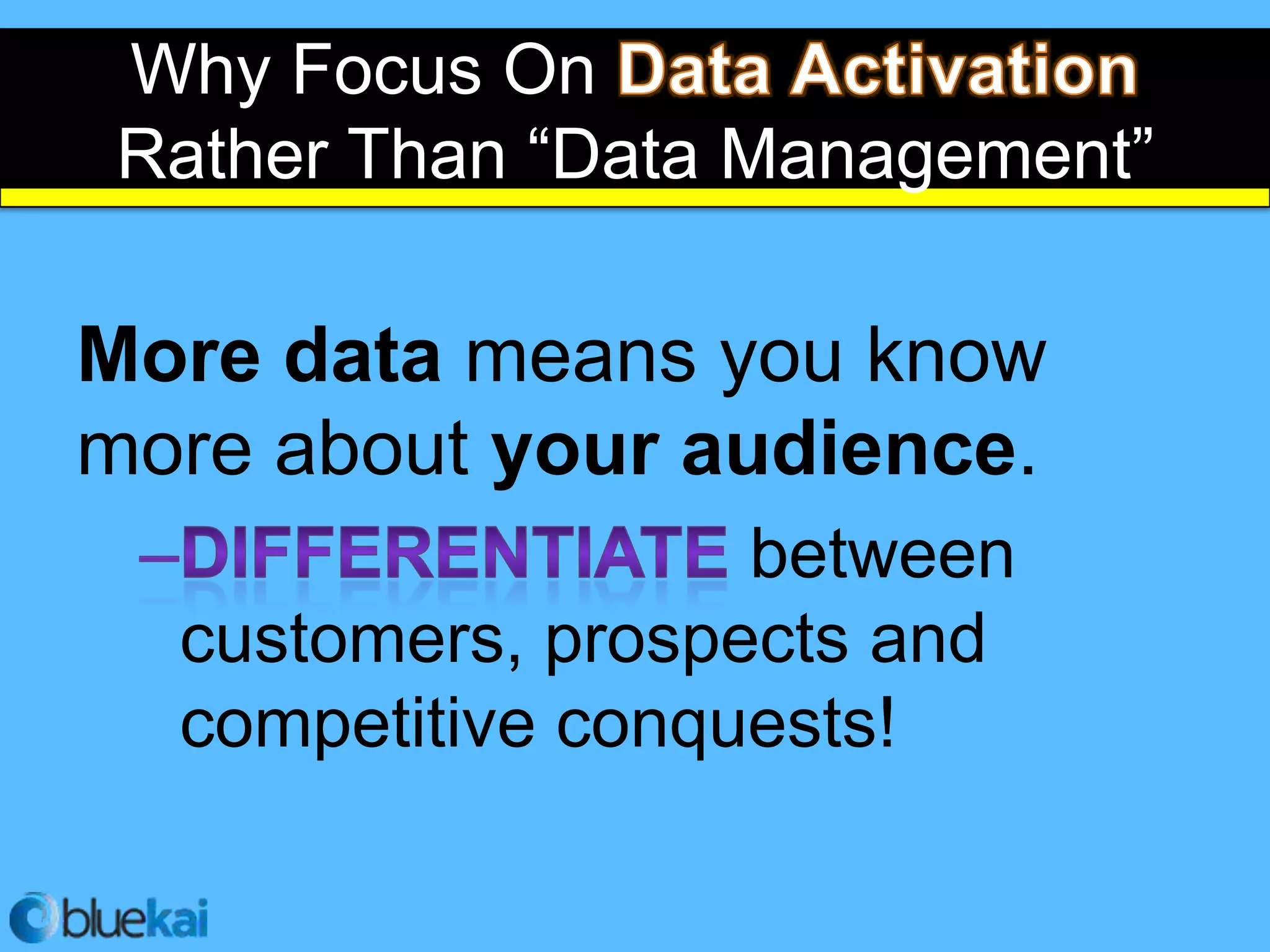 Why Focus On
 Rather Than “Data Management”

More data means you know
more about your audience.
                   between
  customers, prospects and
  competitive conquests!
 