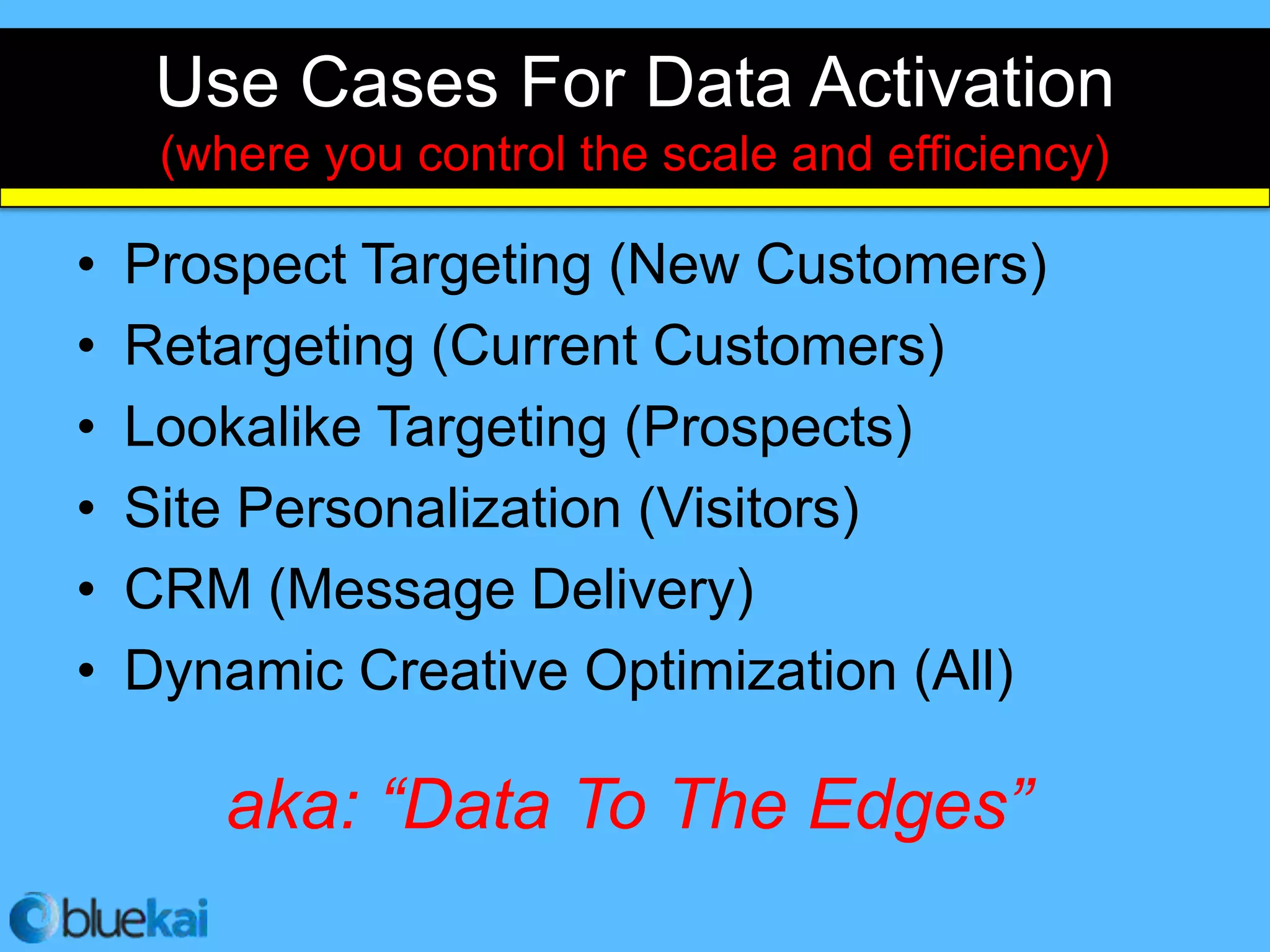 Use Cases For Data Activation
     (where you control the scale and efficiency)

•   Prospect Targeting (New Customers)
•   Retargeting (Current Customers)
•   Lookalike Targeting (Prospects)
•   Site Personalization (Visitors)
•   CRM (Message Delivery)
•   Dynamic Creative Optimization (All)

        aka: “Data To The Edges”
 