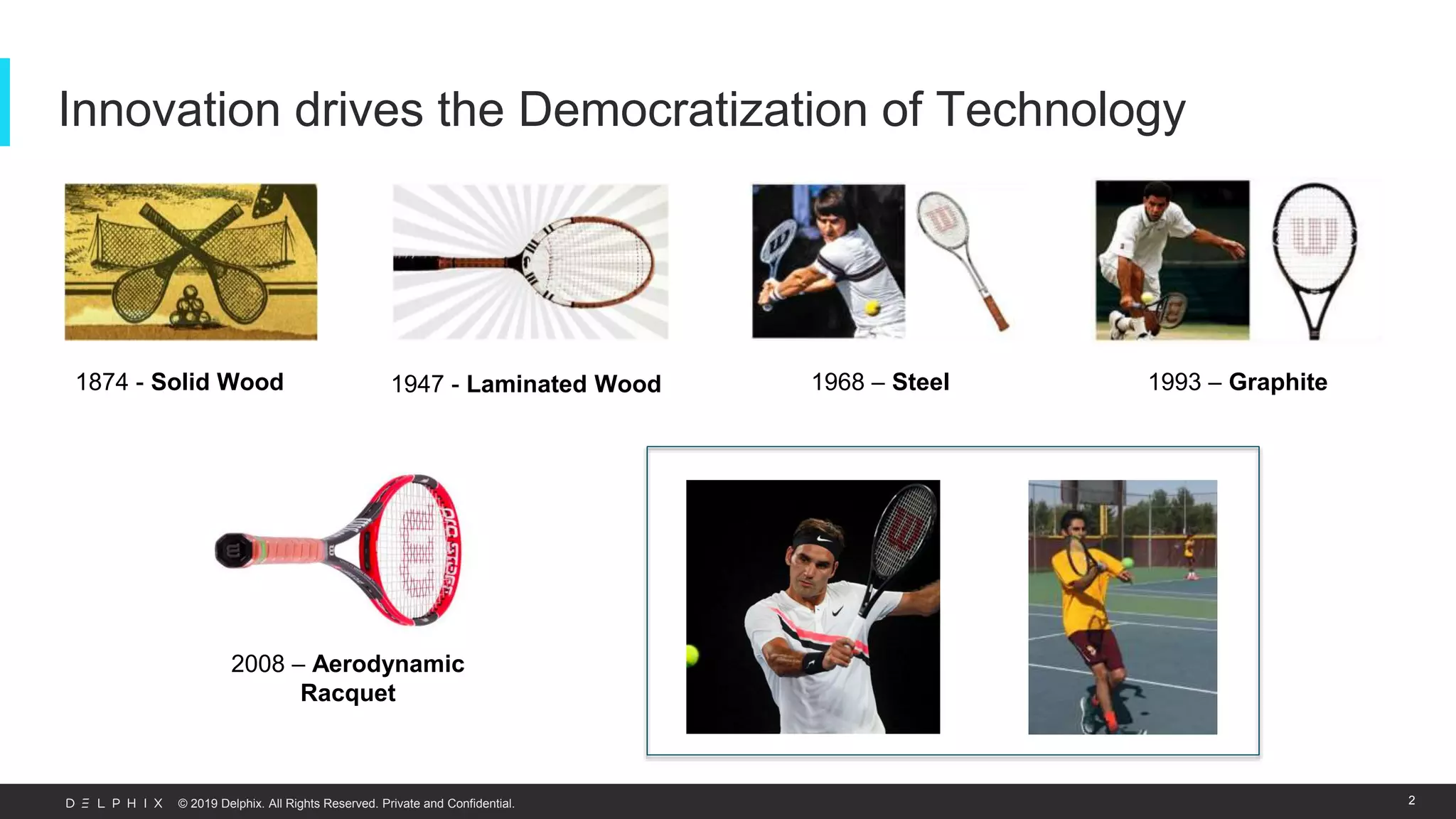 © 2019 Delphix. All Rights Reserved. Private and Confidential.
Innovation drives the Democratization of Technology
2
1874 - Solid Wood 1947 - Laminated Wood 1968 – Steel 1993 – Graphite
2008 – Aerodynamic
Racquet
 