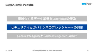 Data&AI活用の3つの課題
7/12/2024 All Copyrights reserved by Sojitz Tech‐Innovation 21
複雑化するデータ基盤とLakehouseの普及
セキュリティとガバナンスのプレッシャーへの対応
General IntelligenceからData Intelligenceへの移行
 