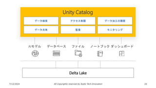 7/12/2024 All Copyrights reserved by Sojitz Tech‐Innovation 24
Delta Lake
Unity Catalog
データ検索
データ共有
アクセス制限
監査
データ加工の履歴
モニタリング
データベース ファイル
AIモデル ノートブック ダッシュボード
 