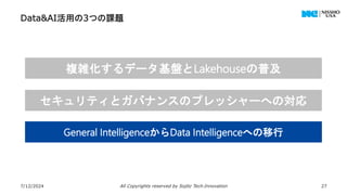 Data&AI活用の3つの課題
7/12/2024 All Copyrights reserved by Sojitz Tech‐Innovation 27
複雑化するデータ基盤とLakehouseの普及
セキュリティとガバナンスのプレッシャーへの対応
General IntelligenceからData Intelligenceへの移行
 