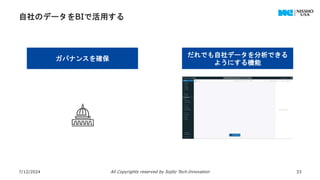 自社のデータをBIで活用する
7/12/2024 All Copyrights reserved by Sojitz Tech‐Innovation 33
ガバナンスを確保
だれでも自社データを分析できる
ようにする機能
 
