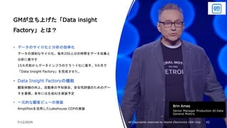7/12/2024 All Copyrights reserved by Nissho Electronics USA Corp 42
GMが立ち上げた「Data insight
Factory」とは？
• データのサイロ化と分析の効率化
データの深刻なサイロ化。毎年200人分の時間をデータ収集と
分析に費やす
15カ月前からデータインフラのクラウド化に着手。9カ月で
「Data Insight Factory」を完成させた。
• Data Insight Factoryの機能
顧客体験の向上、自動車の予知保全、安全性評価のためのデー
タを蓄積。来年には生成AIを実装予定
• 一元的な顧客ビューの実装
Amplifiesを活用したLakehouse CDPの実装
Brin Ames
Senior Manager Production AI Data
General Motors
 