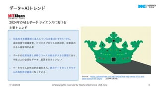 データ+AIトレンド
7/12/2024 All Copyrights reserved by Nissho Electronics USA Corp 6
Source： https://sloanreview.mit.edu/article/five-key-trends-in-ai-and-
data-science-for-2024/ （2024年1月9日）
o 生成AIを本番環境に導入している企業はわずか5～6%。
追加投資や組織変更、ビジネスプロセスの再設計、従業員の
スキル再習得が必要
o データの品質改善と多様なソースの統合が大きな課題であり、
半数以上の企業はデータに変更を加えていない
o データモデルの作成が自動化され、既存データセットやモデ
ルの再利用が容易になっている
2024年のAIとデータ サイエンスにおける
主要トレンド
 