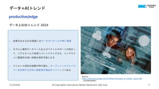 データ+AIトレンド
7/12/2024 All Copyrights reserved by Nissho Electronics USA Corp 7
Source：
https://services.google.com/fh/files/misc/data_ai_trends_report.pdf
（2024年5月9日）
o 成果の出せるAIの実装にはデータガバナンスが特に重要
o モデルと運用データベースおよびベクトルサポートが相まっ
て、リアルタイムで高度にパーソナライズされ、コンテキス
トに関連性の高い体験を提供可能となる
o ライセンス契約の制限が時代遅れ。オープンソーステクノロ
ジーを利用する方向に経営者の視点がシフトしつつある
データとAIのトレンド 2024
 