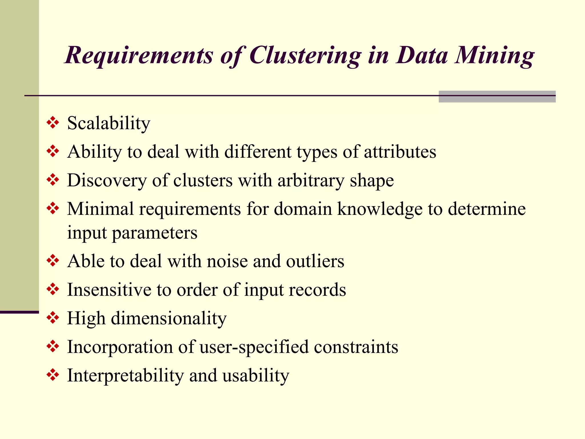 Requirements of Clustering in Data Mining  Scalability Ability to deal with different types of attributes Discovery of clusters with arbitrary shape Minimal requirements for domain knowledge to determine input parameters Able to deal with noise and outliers Insensitive to order of input records High dimensionality Incorporation of user-specified constraints Interpretability and usability 