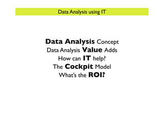 Data Analysis using IT




Data Analysis Concept
Data Analysis Value Adds
    How can IT help?
  The Cockpit Model
    What’s the ROI?
 