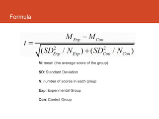 Formula




          M: mean (the average score of the group)

          SD: Standard Deviation

          N: number of scores in each group

          Exp: Experimental Group

          Con: Control Group
 