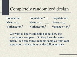 Completely randomized design
Population 1     Population 2….. Population k
Mean = 1         Mean = 2 …. Mean = k
Variance= 12     Variance= 22 … Variance = k2

  We want to know something about how the
  populations compare. Do they have the same
  mean? We can collect random samples from each
  population, which gives us the following data.
 