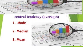 central tendency (averages)
1. Mode
2. Median
3. Mean
 