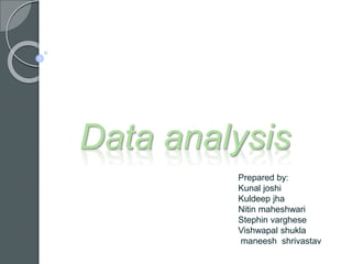 Data analysis
Prepared by:
Kunal joshi
Kuldeep jha
Nitin maheshwari
Stephin varghese
Vishwapal shukla
maneesh shrivastav
 