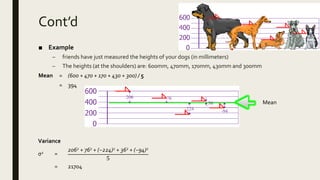 Cont’d
■ Example
– friends have just measured the heights of your dogs (in millimeters)
– The heights (at the shoulders) are: 600mm, 470mm, 170mm, 430mm and 300mm
Mean = (600 + 470 + 170 + 430 + 300) / 5
= 394
Mean
Variance
σ2 =
2062 + 762 + (−224)2 + 362 + (−94)2
5
= 21704
 