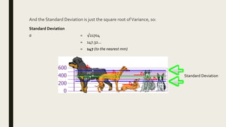 Standard Deviation
σ = √21704
= 147.32...
= 147 (to the nearest mm)
And the Standard Deviation is just the square root ofVariance, so:
Standard Deviation
 