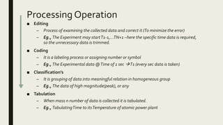 Processing Operation
■ Editing
– Process of examining the collected data and correct it (To minimize the error)
– Eg., The Experiment may startT1-1,…TN+1 –here the specific time data is required,
so the unnecessary data is trimmed.
■ Coding
– It is a labeling process or assigning number or symbol
– Eg., The Experimental data @Time of 1 sec T1 (every sec data is taken)
■ Classification’s
– It is grouping of data into meaningful relation in homogeneous group
– Eg., The data of high magnitude(peak), or any
■ Tabulation
– When mass n number of data is collected it is tabulated.
– Eg., TabulatingTime to itsTemperature of atomic power plant
 