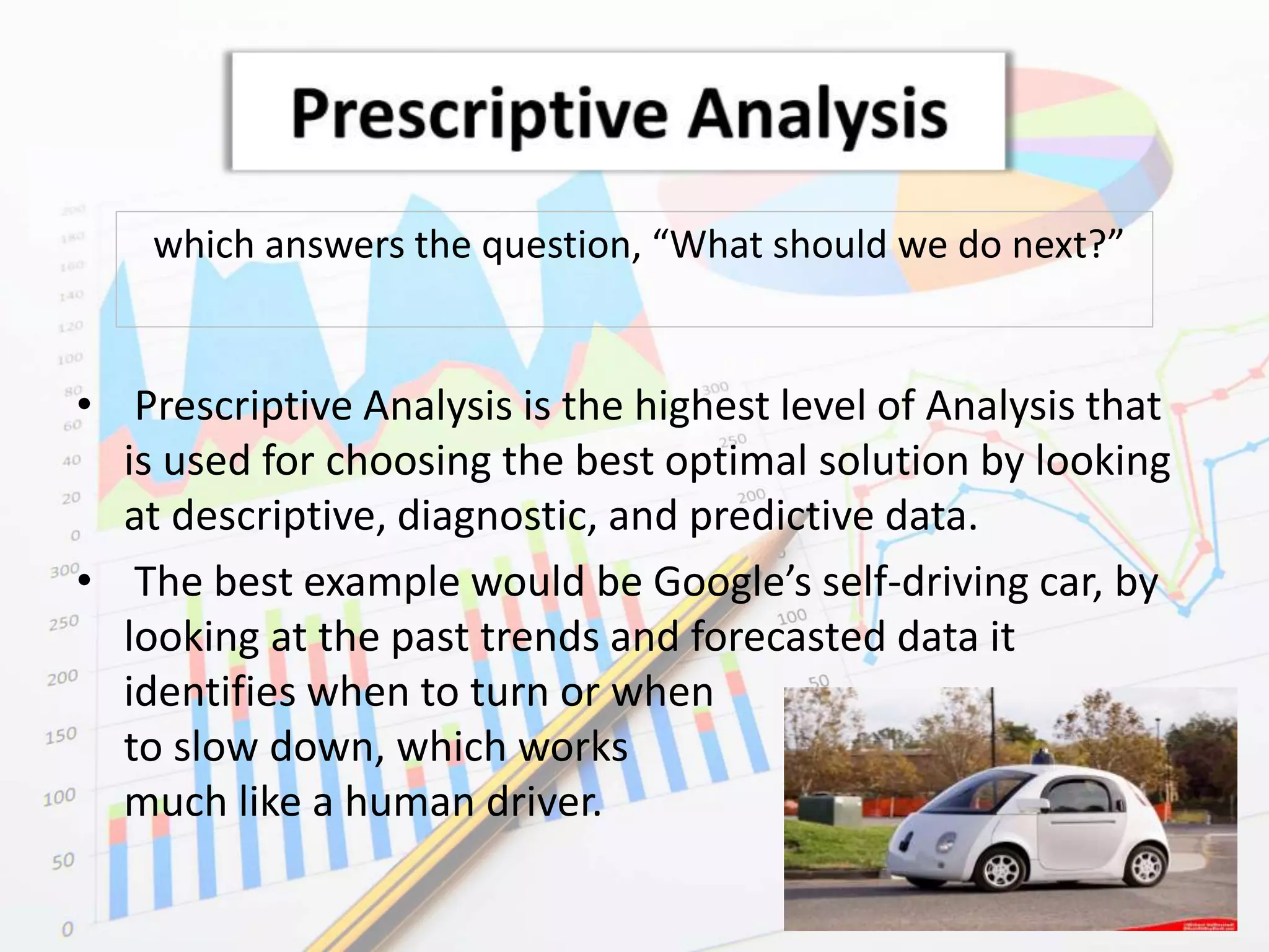 • Prescriptive Analysis is the highest level of Analysis that
is used for choosing the best optimal solution by looking
at descriptive, diagnostic, and predictive data.
• The best example would be Google’s self-driving car, by
looking at the past trends and forecasted data it
identifies when to turn or when
to slow down, which works
much like a human driver.
which answers the question, “What should we do next?”
 