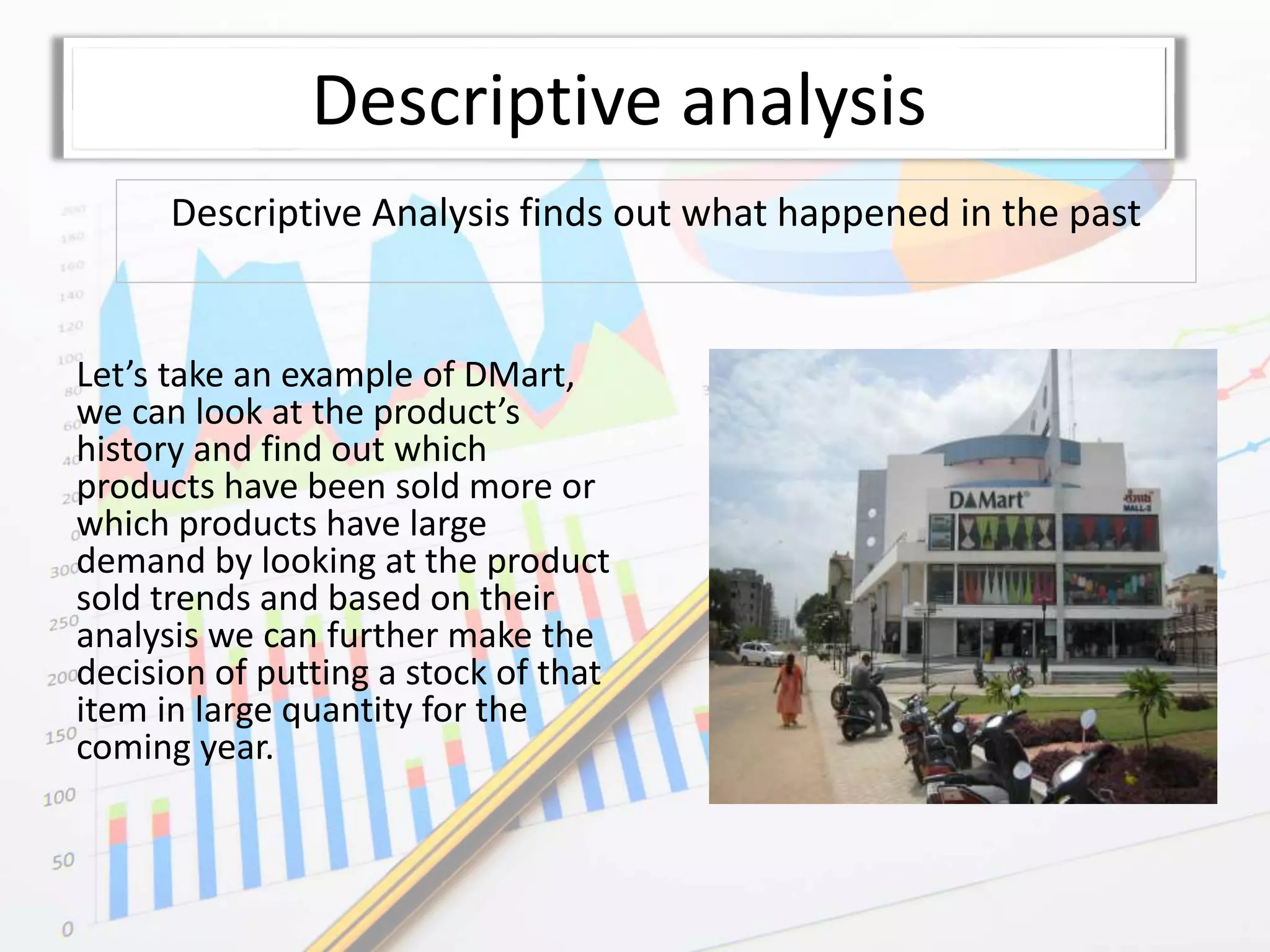 Descriptive analysis
Let’s take an example of DMart,
we can look at the product’s
history and find out which
products have been sold more or
which products have large
demand by looking at the product
sold trends and based on their
analysis we can further make the
decision of putting a stock of that
item in large quantity for the
coming year.
Descriptive Analysis finds out what happened in the past
 