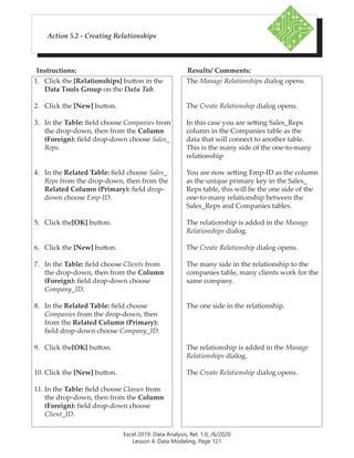 Excel 2019: Data Analysis, Rel. 1.0, /6/2020
Lesson 4: Data Modeling, Page 121
Instructions: Results/ Comments:
Action 5.2 - Creating Relationships
1. Click the [Relationships] button in the
Data Tools Group on the Data Tab.
2. Click the [New] button.
3. In the Table: field choose Companies from
the drop-down, then from the Column
(Foreign): field drop-down choose Sales_
Reps.
4. In the Related Table: field choose Sales_
Reps from the drop-down, then from the
Related Column (Primary): field drop-
down choose Emp-ID.
5. Click the[OK] button.
6. Click the [New] button.
7. In the Table: field choose Clients from
the drop-down, then from the Column
(Foreign): field drop-down choose
Company_ID.
8. In the Related Table: field choose
Companies from the drop-down, then
from the Related Column (Primary):
field drop-down choose Company_ID.
9. Click the[OK] button.
10. Click the [New] button.
11. In the Table: field choose Classes from
the drop-down, then from the Column
(Foreign): field drop-down choose
Client_ID.
The Manage Relationships dialog opens.
The Create Relationship dialog opens.
In this case you are setting Sales_Reps
column in the Companies table as the
data that will connect to another table.
This is the many side of the one-to-many
relationship
You are now setting Emp-ID as the column
as the unique primary key in the Sales_
Reps table, this will be the one side of the
one-to-many relationship between the
Sales_Reps and Companies tables.
The relationship is added in the Manage
Relationships dialog.
The Create Relationship dialog opens.
The many side in the relationship to the
companies table, many clients work for the
same company.
The one side in the relationship.
The relationship is added in the Manage
Relationships dialog.
The Create Relationship dialog opens.
 