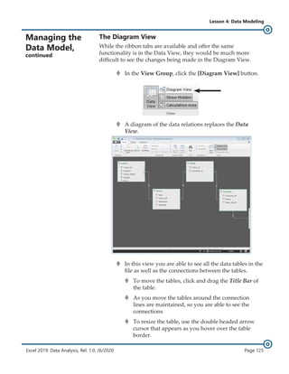 Excel 2019: Data Analysis, Rel. 1.0, /6/2020 Page 125
Lesson 4: Data Modeling
The Diagram View
While the ribbon tabs are available and offer the same
functionality is in the Data View, they would be much more
difficult to see the changes being made in the Diagram View.
›
› In the View Group, click the [Diagram View] button.
›
› A diagram of the data relations replaces the Data
View.
›
› In this view you are able to see all the data tables in the
file as well as the connections between the tables.
›
› To move the tables, click and drag the Title Bar of
the table.
›
› As you move the tables around the connection
lines are maintained, so you are able to see the
connections
›
› To resize the table, use the double headed arrow
cursor that appears as you hover over the table
border.
Managing the
Data Model,
continued
 