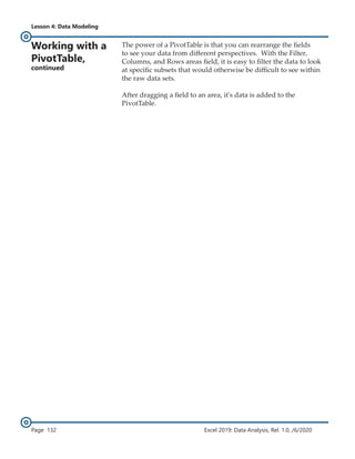 Lesson 4: Data Modeling
Page 132 Excel 2019: Data Analysis, Rel. 1.0, /6/2020
The power of a PivotTable is that you can rearrange the fields
to see your data from different perspectives. With the Filter,
Columns, and Rows areas field, it is easy to filter the data to look
at specific subsets that would otherwise be difficult to see within
the raw data sets.
After dragging a field to an area, it's data is added to the
PivotTable.
Working with a
PivotTable,
continued
 