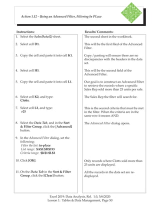 Excel 2019: Data Analysis, Rel. 1.0, 5/6/2020
Lesson 1: Tables & Data Management, Page 50
Instructions: Results/ Comments:
1. Select the SalesData(2) sheet.
2. Select cell D1.
3. Copy the cell and paste it into cell K1.
4. Select cell H1.
5. Copy the cell and paste it into cell L1.
6. Select cell K2, and type:
Clotts.
7. Select cell L2, and type:
>25
8. Select the Data Tab, and in the Sort
& Filter Group, click the [Advanced]
button.
9. In the Advanced Filter dialog, set the
following:
Filter the list: in-place
List range: $A$1:$H$193
Criteria range: $K$1:$L$2
10. Click [OK].
11. On the Data Tab in the Sort & Filter
Group, click the [Clear] button.
Action 1.12 - Using an Advanced Filter, Filtering In PLace
The second sheet in the workbook.
This will be the first filed of the Advanced
Filter.
Copy / pasting will ensure there are no
discrepancies with the headers in the data
set.
This will be the second field of the
Advanced Filter.
Our goal is to construct an Advanced Filter
to retrieve the records where a specific
Sales Rep sold more than 25 units per sale.
The Sales Rep the filter will search for.
This is the second criteria that must be met
in the filter. When the criteria are in the
same row it means AND.
The Advanced Filter dialog opens.
Only records where Clotts sold more than
25 units are displayed.
All the records in the data set are re-
displayed.
 