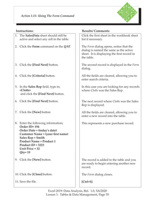Excel 2019: Data Analysis, Rel. 1.0, 5/6/2020
Lesson 1: Tables & Data Management, Page 55
Instructions: Results/ Comments:
Action 1.15- Using The Form Command
1. The SalesData sheet should still be
active and select any cell in the table.
2. Click the Form command on the QAT.
3. Click the [Find Next] button.
4. Click the [Criteria] button.
5. In the Sales Rep field, type in;
<Clotts>
and click the [Find Next] button.
6. Click the [Find Next] button.
7. Click the [New] button
8. Enter the following information;
Order ID= 194
Order Date = (today's date)
Customer Name = (your first name)
Sales Rep = Smith
Product Name = Product 1
Product ID = 3223
Unit Price = 32
Qty= 19
9. Click the [New] button.
10. Click the [Close] button.
11. Save the file.
Click the first sheet in the workbook sheet
list if necessary.
The Form dialog opens, notice that the
dialog is named the same as the active
sheet. It is displaying the first record in
the table.
The second record is displayed in the Form
dialog.
All the fields are cleared, allowing you to
enter search criteria.
In this case you are looking for any records
where Clotts was the Sales Rep.
The next record where Clotts was the Sales
Rep is displayed.
All the fields are cleared, allowing you to
enter a new record into the table.
This represents a new purchase record.
The record is added to the table and you
are ready to begin entering another new
record.
The Form dialog closes.
[Ctrl+S].
 
