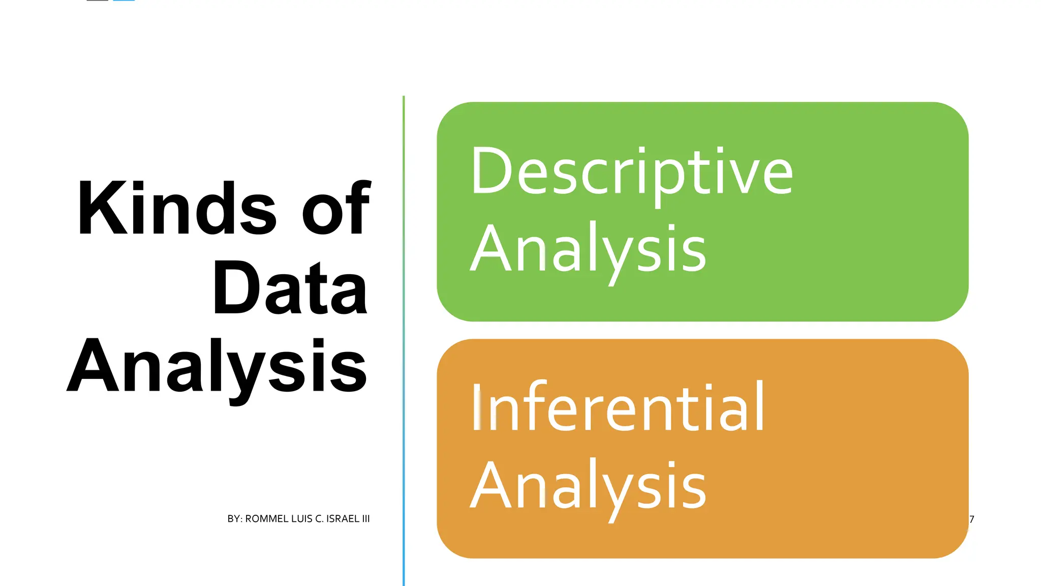 Kinds of
Data
Analysis
Descriptive
Analysis
Inferential
Analysis
BY: ROMMEL LUIS C. ISRAEL III 7
 