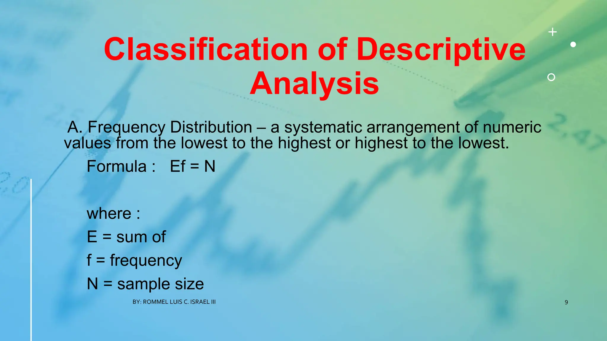 Classification of Descriptive
Analysis
A. Frequency Distribution – a systematic arrangement of numeric
values from the lowest to the highest or highest to the lowest.
Formula : Ef = N
where :
E = sum of
f = frequency
N = sample size
BY: ROMMEL LUIS C. ISRAEL III 9
 
