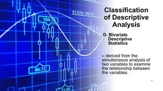 Classification
of Descriptive
Analysis
D. Bivariate
Descriptive
Statistics
– derived from the
simultaneous analysis of
two variables to examine
the relationship between
the variables.
BY: ROMMEL LUIS C. ISRAEL III 15
 